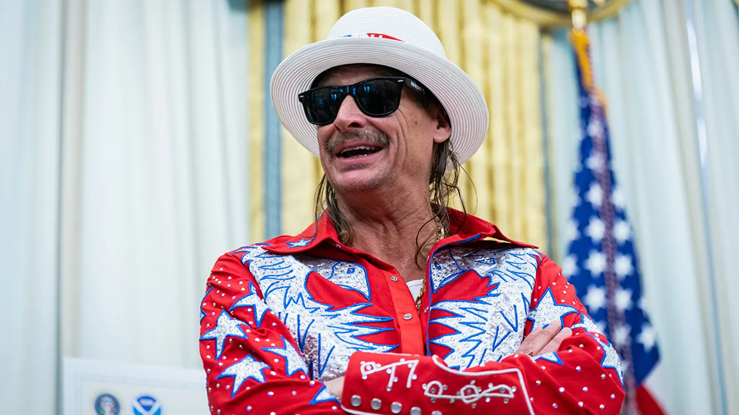 Kid Rock smiles during an executive order signing in the Oval Office of the White House in Washington, D.C., March 31, 2025.  (Al Drago/Bloomberg via Getty Images)